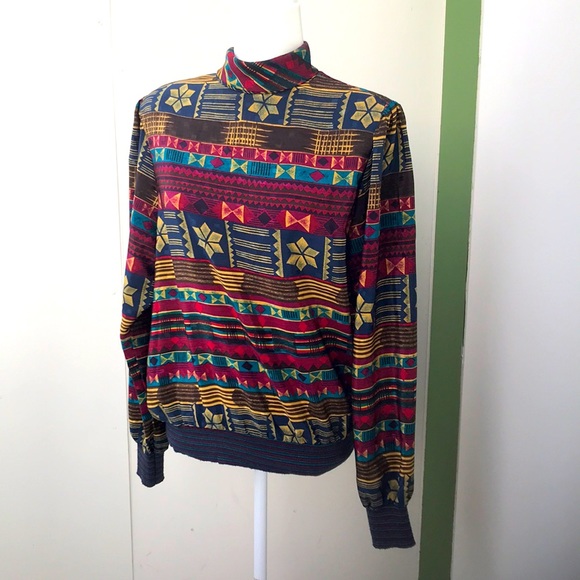 Vintage 80s Jewel Tone Striped Geometric Snowflake Turtleneck Satiny Winter Top - Picture 1 of 8